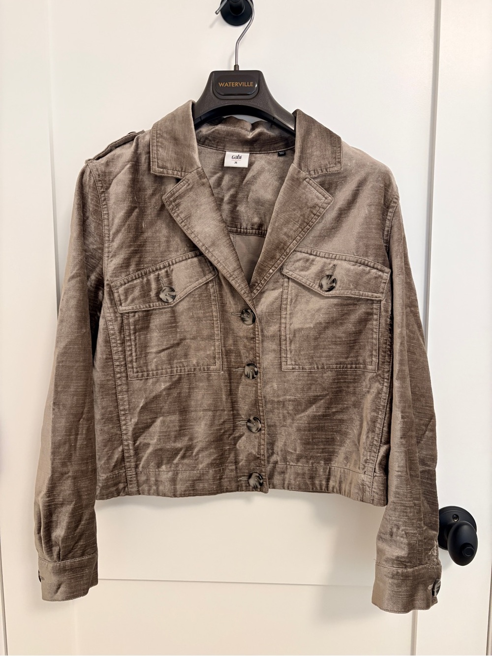 CAbi Taupe Corduroy Button-Front Jacket. M 19” bust. Lightweight fall.